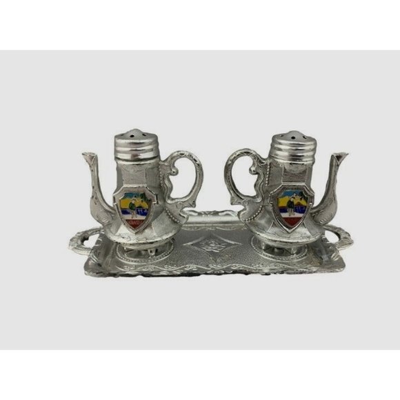 Hawaii Salt and Paper Shakers with Tray Metal Made in Japan Hula Dancers 2" Tall - Picture 1 of 9